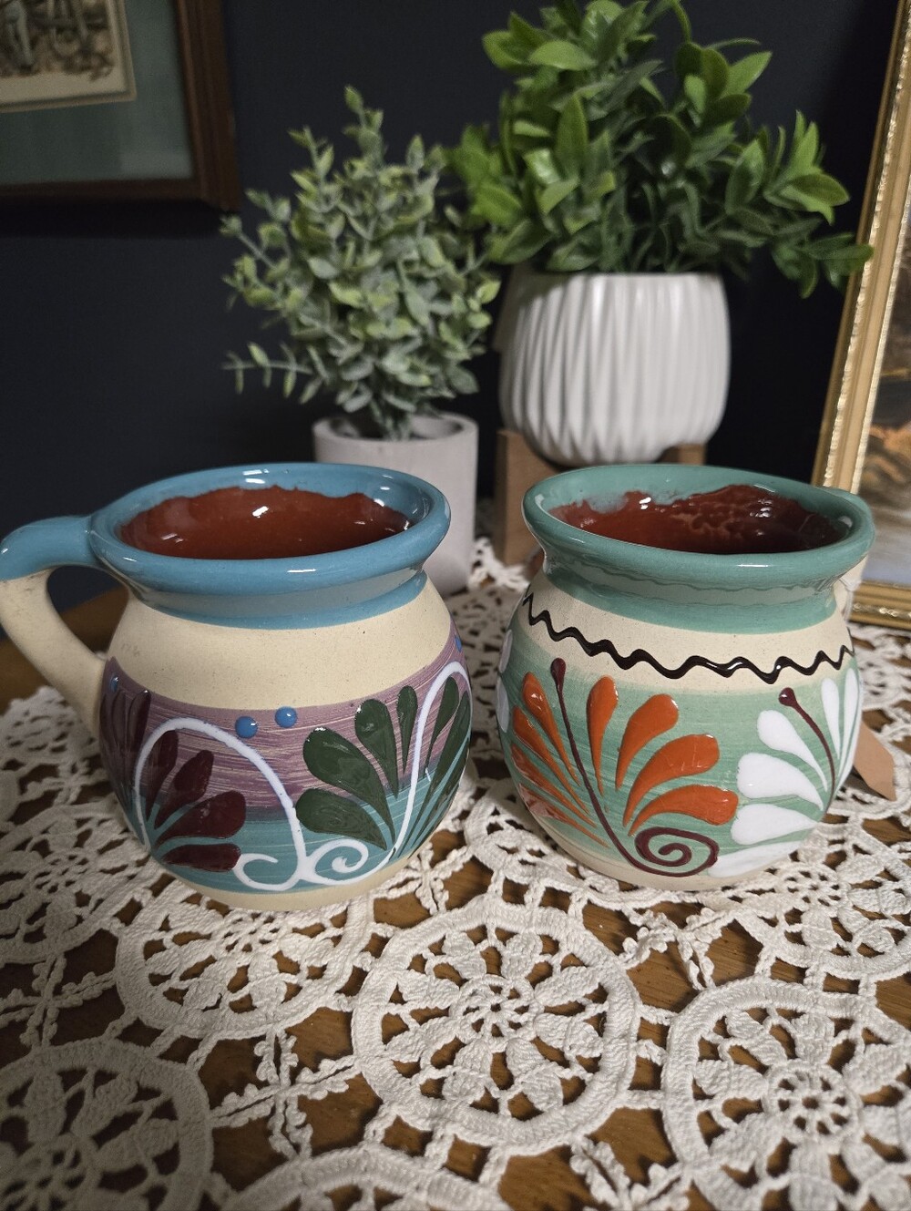 Hand-Painted Pottery Mugs – Turquoise Floral Pair